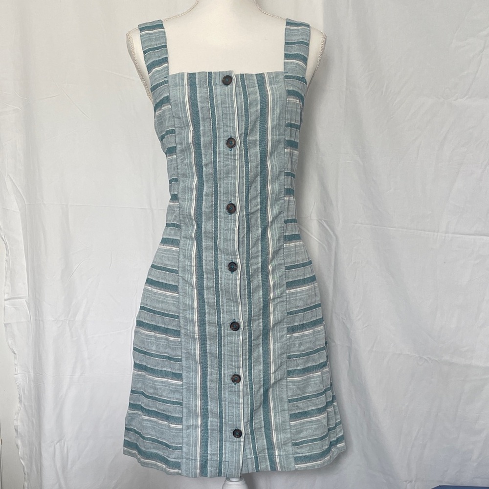 Roxy Striped Button-Front Mini Dress in Teal and White